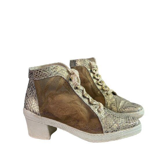 Stuart Weitzman Gold Mesh Python Ankle Booties with Block Heel Sneaker Base 8 - Picture 1 of 11